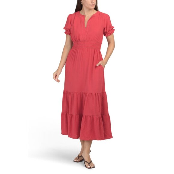 MAX STUDIO Washed Red Short Sleeve Smocked Waist Tiered Maxi Dress
